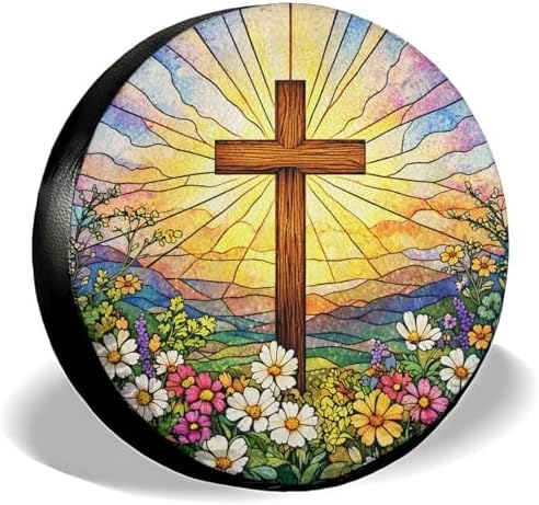 GENANY Stained Glass Cross Thick PVC Leather Spare Tire Cover Size 17 by GENANY
