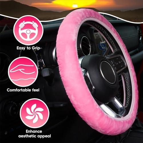 KAFEEK Pink Fuzzy Steering Wheel Cover - Image 5