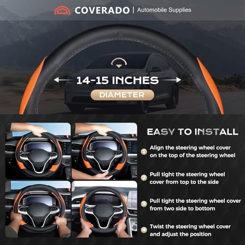 Coverado Car Steering Wheel Cover, Nappa Leather Black & Orange Steering Wheel - Image 5