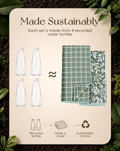 Miss Adola 2pcs Double-Sided Microfiber Kitchen Towels, Grid & Greenery - Image 2