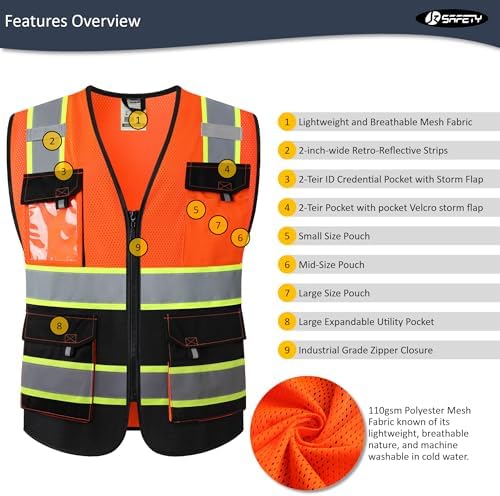 JKSafety Safety Vest for Men Women Hi Vis Reflective Vest JK220 OBlack S - Image 3