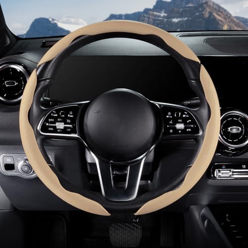 Car Steering Wheel Cover Leather 14.5-15 in Universal 3Pcs Set Beige - Image 2
