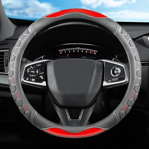 3D Honeycomb Red Steering Wheel Cover, 14.5-15 Inch Non-Slip Breathable Leather by ExquisiteCarAccessories