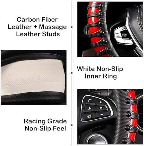 3D Massage Red Carbon Fiber Leather Steering Wheel Cover, 14.5-15 Inch Non-Slip - Image 5