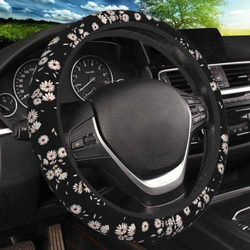 KARREAL Black and White Daisies Elastic Steering Wheel Cover by Unknown