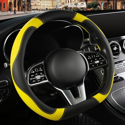 Black Yellow Microfiber Leather D Shaped Steering Wheel Cover - Image 2