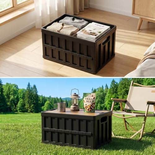 2 Pack 50L Black Storage Crate Wooden Lid Foldable Stackable Bin - Image 5