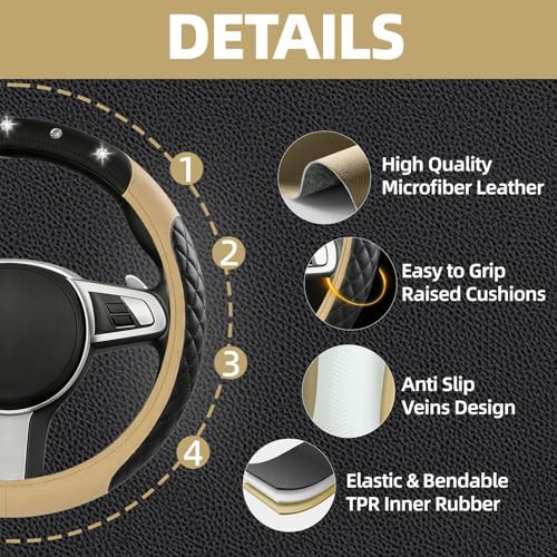 NBTEPEM 10 Pcs Bling Car Floor Mats Set, Leather Beige Steering Wheel Covers - Image 2