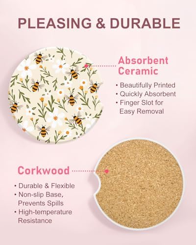 Swooflia Floral Absorbent Ceramic Car Coasters Set of 2, Cute Botanical - Image 3