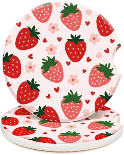 Swooflia Cute Girly Ceramic Car Coasters Strawberry Cup Holder Coasters by Swooflia