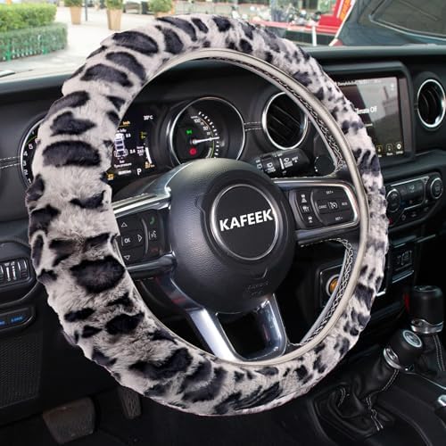 KAFEEK Gray Leopard Fuzzy Steering Wheel Cover by KAFEEK