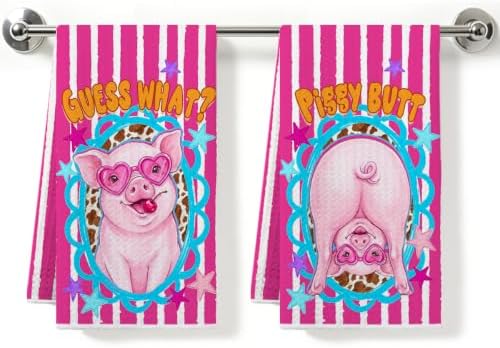 2 Pcs Funny Piggy Kitchen Towels, Soft Absorbent Waffle Hand Tea Towel by ZHAMEN