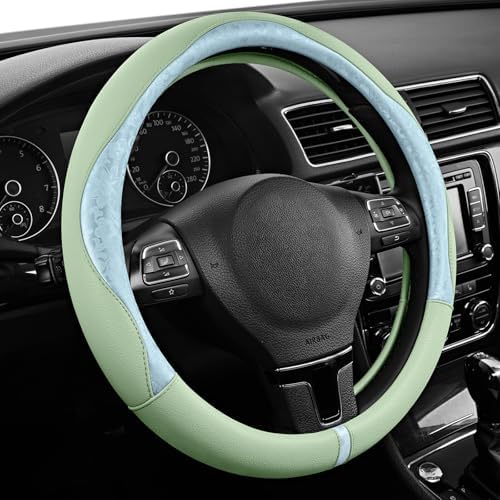 PIC AUTO Steering Wheel Cover, Light Blue Patterned & Green Leather Patchwork - Image 2
