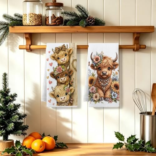 2 Pcs Cute Highland Cow Kitchen Towels, Cows Soft Absorbent Hand Towels 01 - Image 5