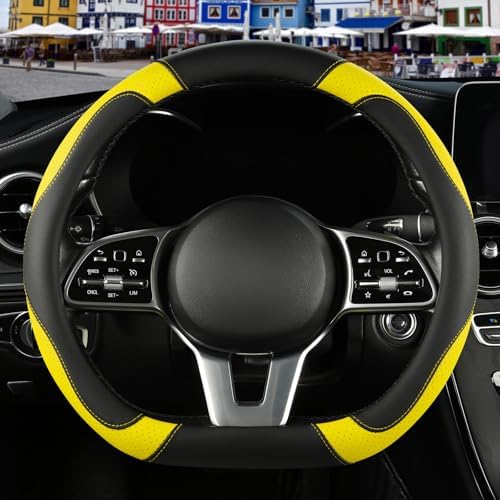 Black Yellow Microfiber Leather D Shaped Steering Wheel Cover by Binsheo