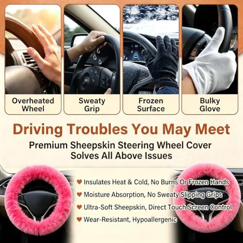 Burgundy Fluffy Genuine Sheepskin Steering Wheel Cover Set - Image 5