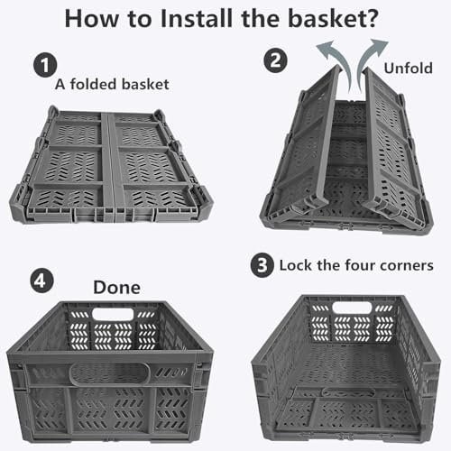 4-Pack Plastic Storage Crates, 20L Foldable Baskets, Collapsible Crates - Image 3