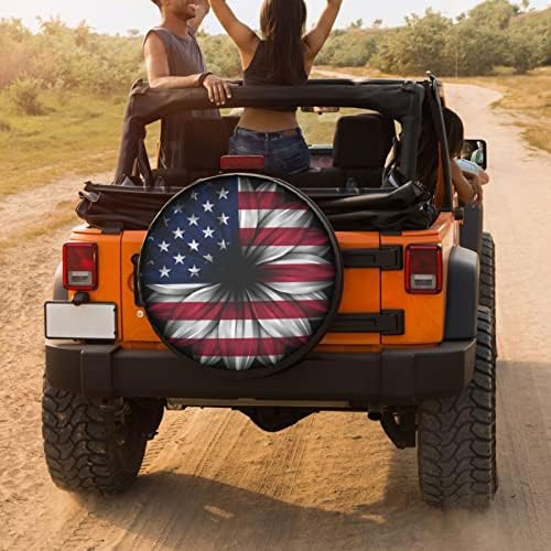 USA Flag On Abstract Flower Spare Tire Cover Dust-Proof Wheel Tire Cover Fit - Image 4