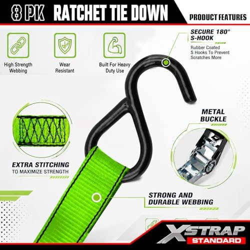 XSTRAP STANDARD 8 PK Ratchet Straps 1"x14ft Tie Down - Image 3