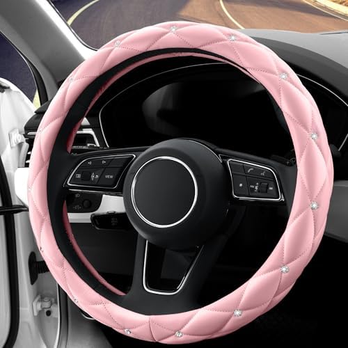 YOGURTCK Cute Diamond Soft Light Pink Leather Anti-Slip Steering Wheel Cover - Image 3
