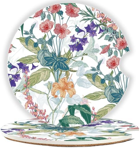 Ceramic Car Cup Holder Coasters Set of 2, 2.56 in Trumpet Flower by Mengduxd