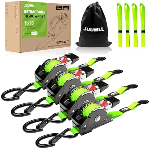 Retractable Ratchet Straps 4-Pack, 1” x 10ft Heavy Duty Straps by JUUMLL