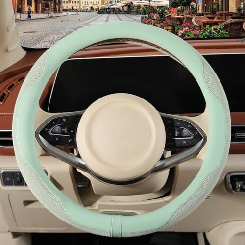 Nappa Leather Ice Silk Fabric Green Steering Wheel Cover - Image 2