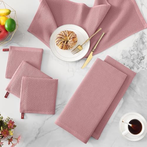 Kitinjoy 100% Cotton Waffle 4-Pack Kitchen Towels, Dried Roses - Image 3
