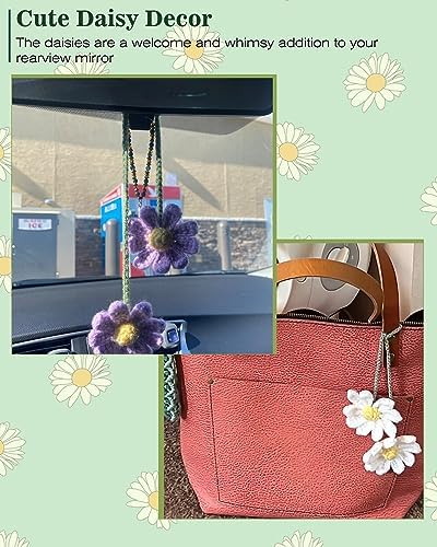 Crochet Daisy Car Accessories for Women Cute Rear View Mirror Hanging Charm - Image 4