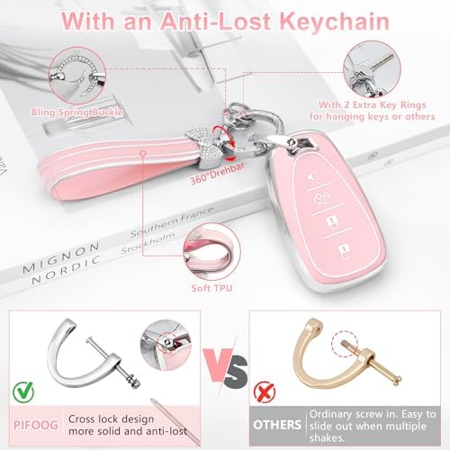 PIFOOG Key Fob Cover for Chevy 4 Buttons Pink Car Keys Shell Case Bling - Image 6