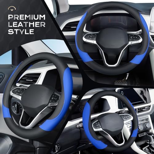 Coverado Car Steering Wheel Cover, Nappa Leather Black & Blue Steering Wheel - Image 4