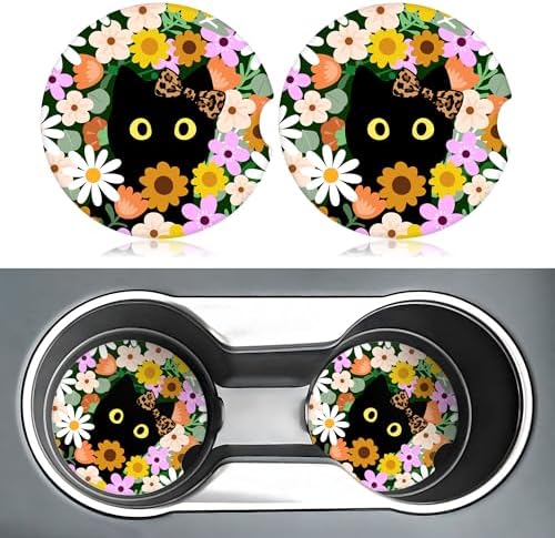 Flower Cute Black Cat Car Coasters - Image 2