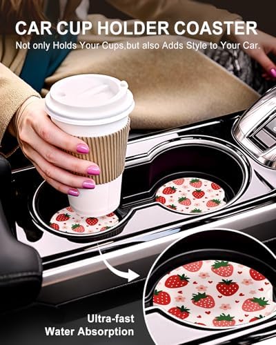 Swooflia Cute Girly Ceramic Car Coasters Strawberry Cup Holder Coasters - Image 5