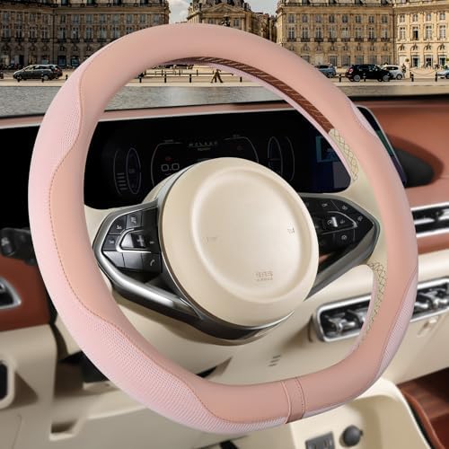 Nappa Leather Pink D Shaped Steering Wheel Cover Women 15 inch - Image 2