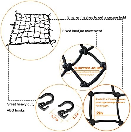 Black 15"x15" Motorcycle Cargo Net Featuring 6 Adjustable Hooks & Tight 2''x2'' - Image 4