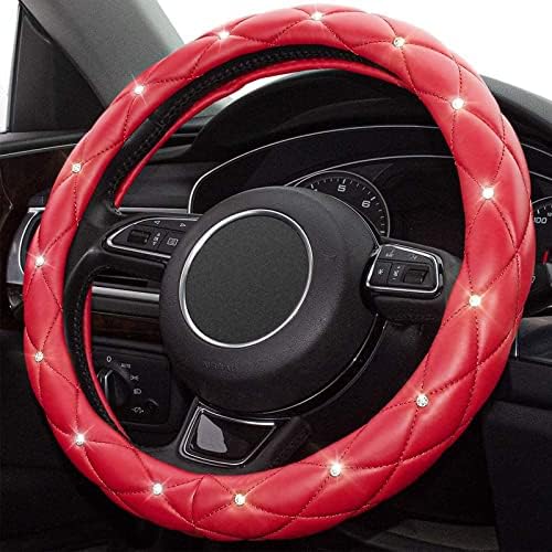 Red Steering Wheel Cover, Leather Car Steering Wheel Cover, Crystal Rhinestones - Image 3