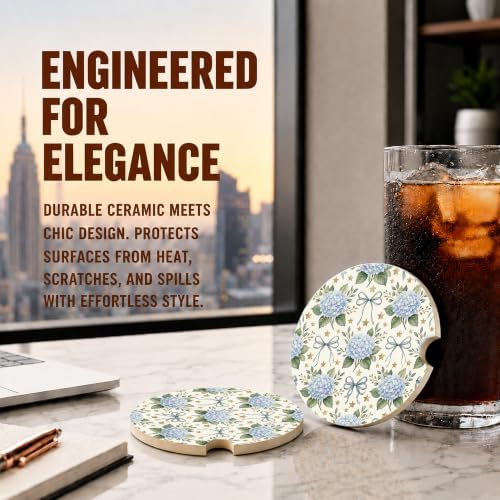 Blue Hydrangea Bow Coquette Car Coasters, Retro Floral Cup Holders - Image 5