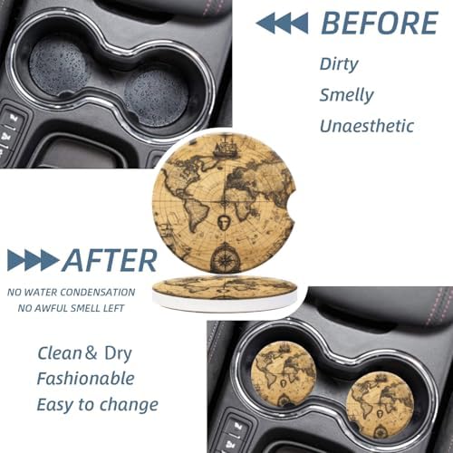 Cup Holder for Car, Rustic Ancient World Map Print Ceramic Coasters Non-Slip - Image 4