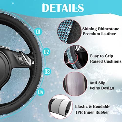 CAR PASS Mint Diamond Black Leather Steering Wheel Cover, Bling Blue Crystal - Image 5