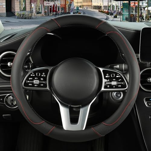 Black Breathable Microfiber Leather Steering Wheel Cover - Image 2