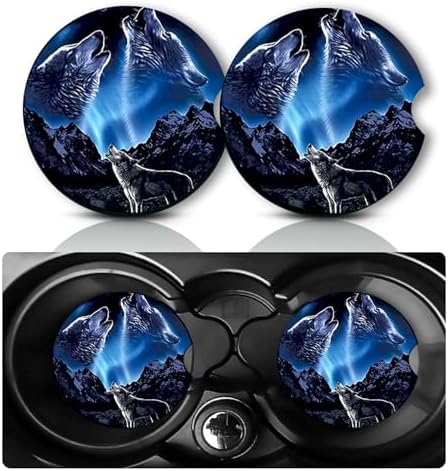 2Pcs Wolf Car Coasters, 2.75" Neoprene Rubber Cars Cup Holder Coasters by Databa