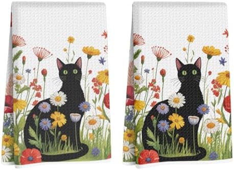 2 Pcs Flower Cat Kitchen Towels 24x14 Inch, Cat Gifts Reusable Dish Towels by NISTOMISU