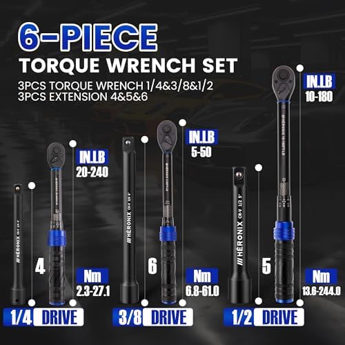 6PCS Click Torque Wrench Set, 1/4" 3/8" 1/2" Drive, 72-Tooth Ratchet - Image 5