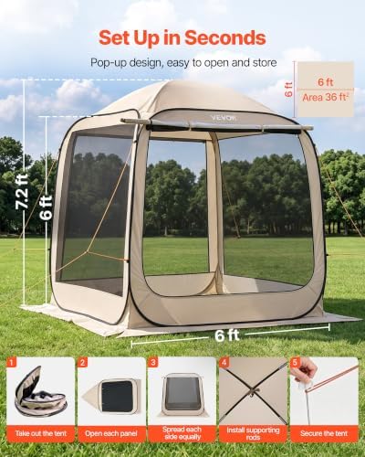 VEVOR Pop Up Screen House Tent, 6 x 6 ft, 4-6 Person Screen Gazebo - Image 2