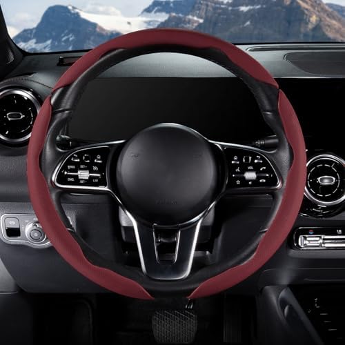 Car Steering Wheel Cover Leather 14.5-15 in Universal 3Pcs Set Wine Red - Image 4