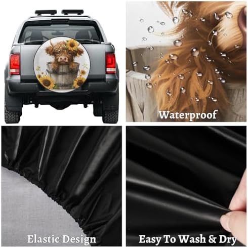 Spare Tire Cover for RV Trailer, Cute Highland Cow Sunflowers Waterproof Sun - Image 4
