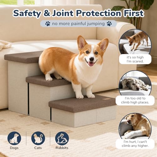 3-Step Wide Dog Stairs with Hidden Storage 18" H, Non-Slip Dog Steps - Image 5