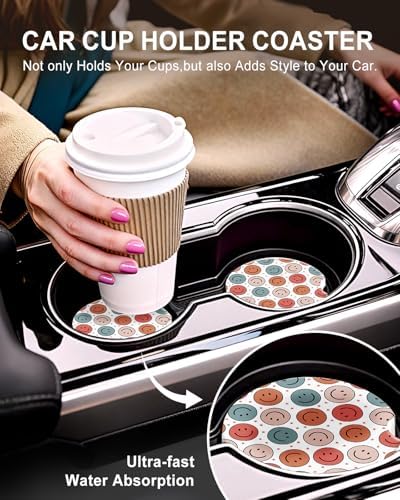 Swooflia Cute Girly Ceramic Car Coasters Smiley Face Cup Holder Coasters - Image 5
