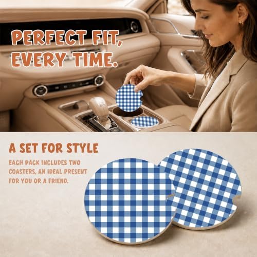 Blue Buffalo Plaid Car Coasters Set of 2, Coquette Preppy Cup Holders - Image 2
