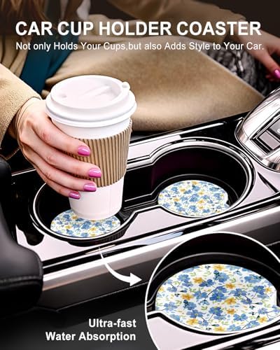 Swooflia Cute Girly Ceramic Car Coasters Blue Flower Cup Holder Coasters - Image 5